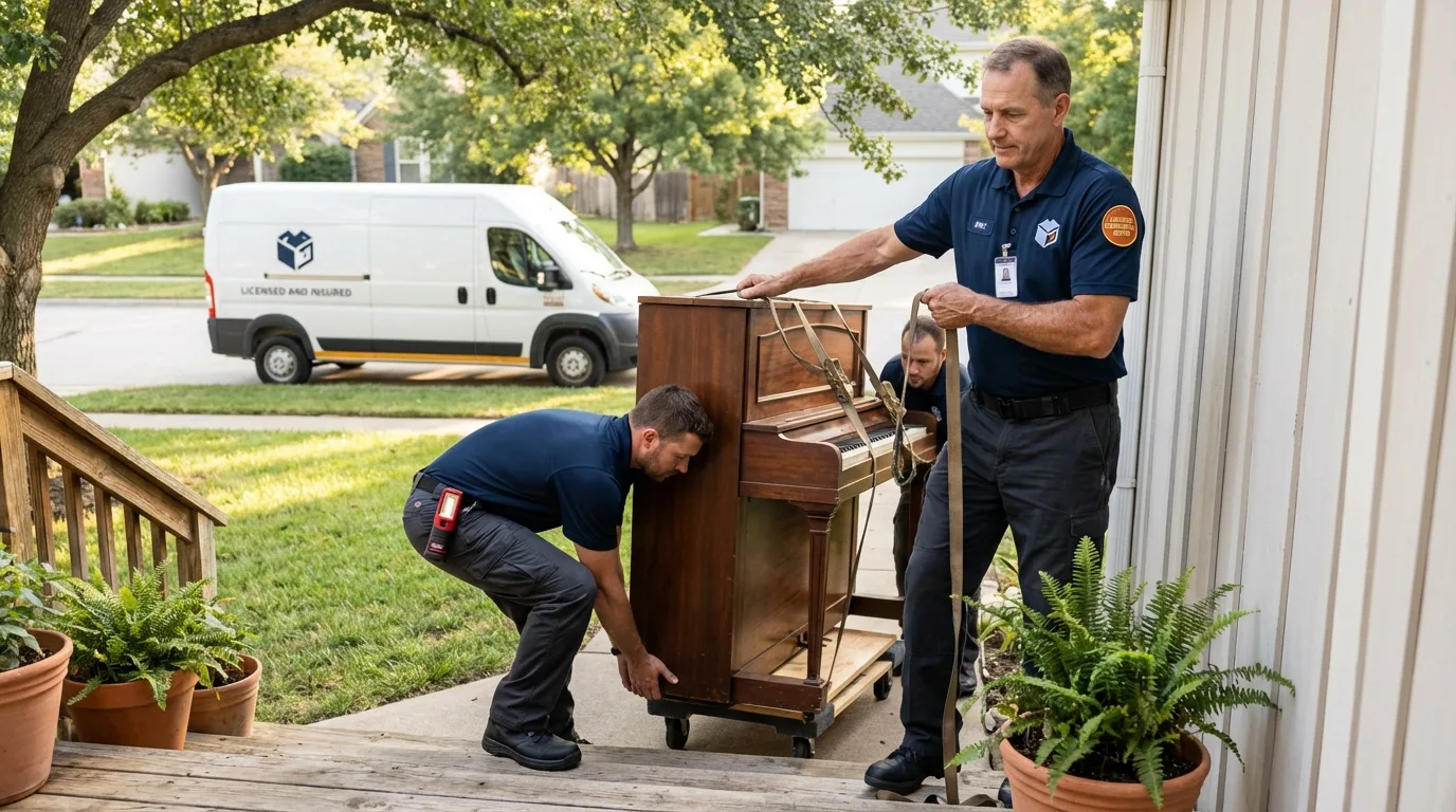 Licensed piano movers securing grand piano in Guilford, CT
