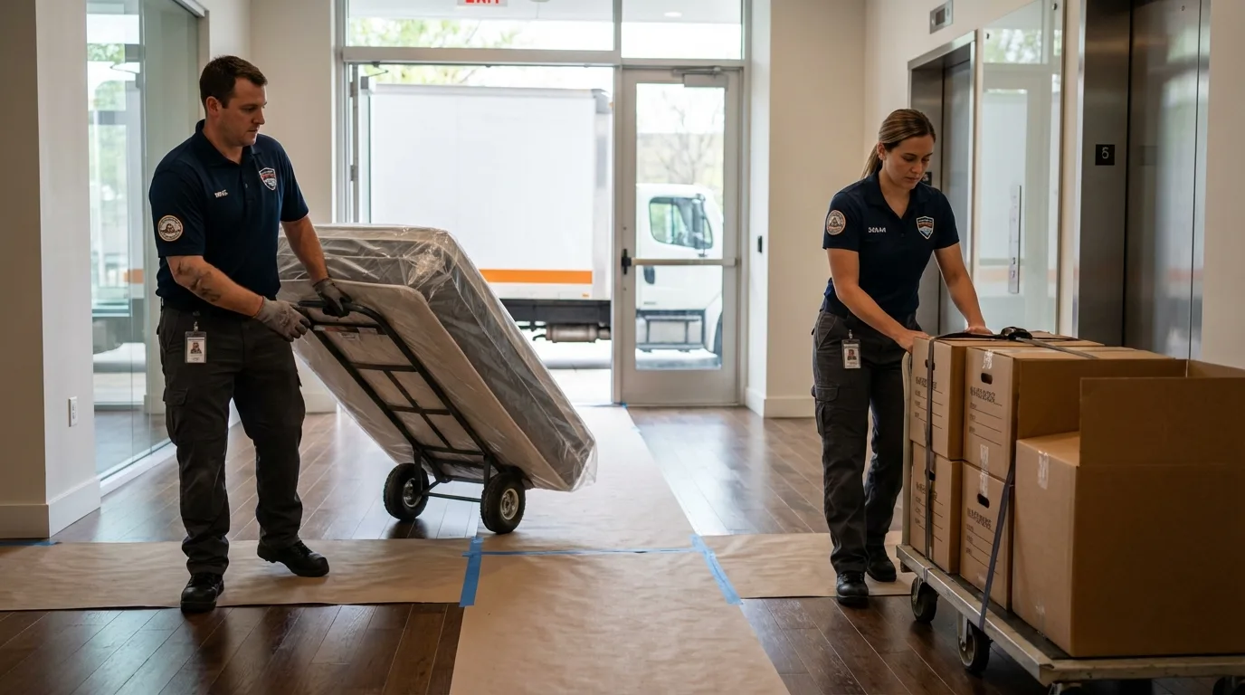 Professional apartment movers loading elevator in Guilford, CT