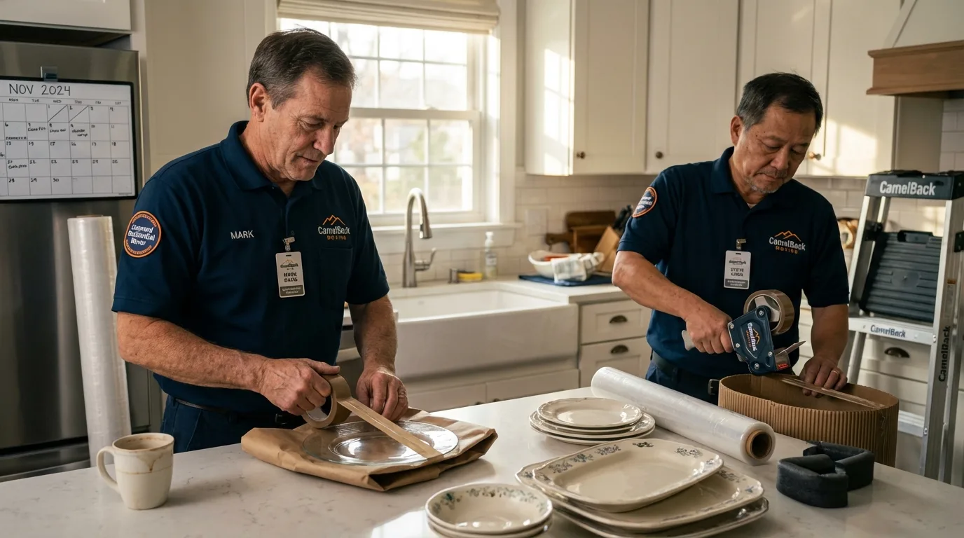 Professional crew packing kitchen dishware in Guilford, CT